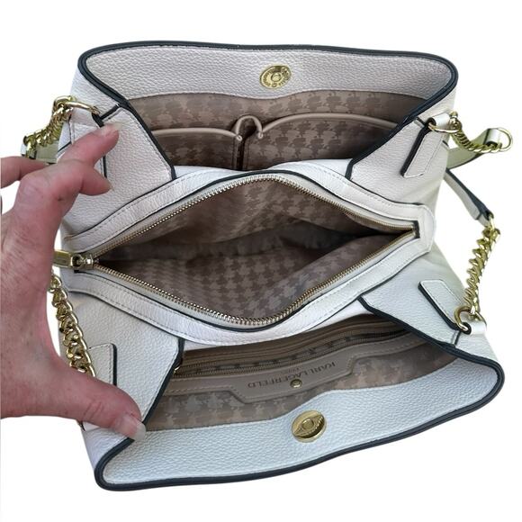Karl Lagerfeld Cream & Gold Shoulder Bag Agyness Design Triple Compartment EUC - Picture 15 of 15